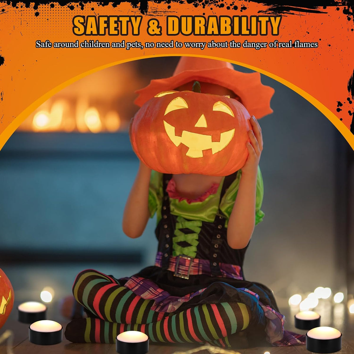 6 Pack Halloween Pumpkin LED Lights, Black,Warm Light