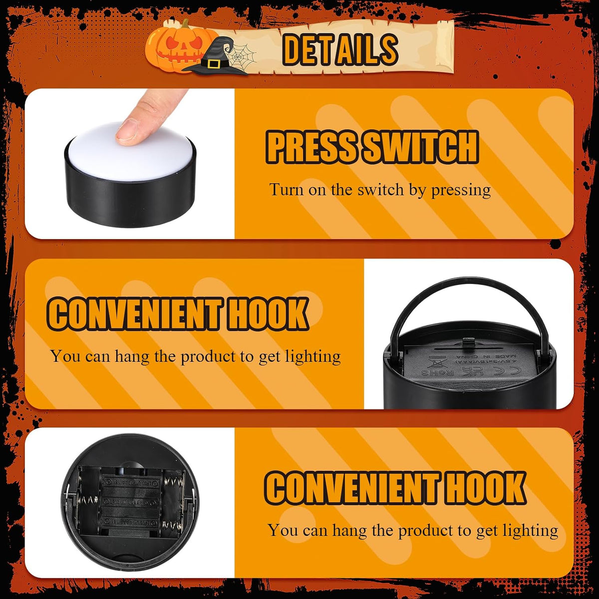 6 Pack Halloween Pumpkin LED Lights, Black,Warm Light