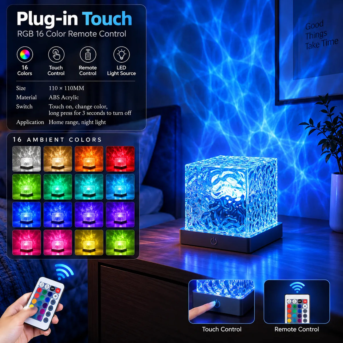 Dynamic Water Ripple LED Night Light with 16 Colors and Remote Control