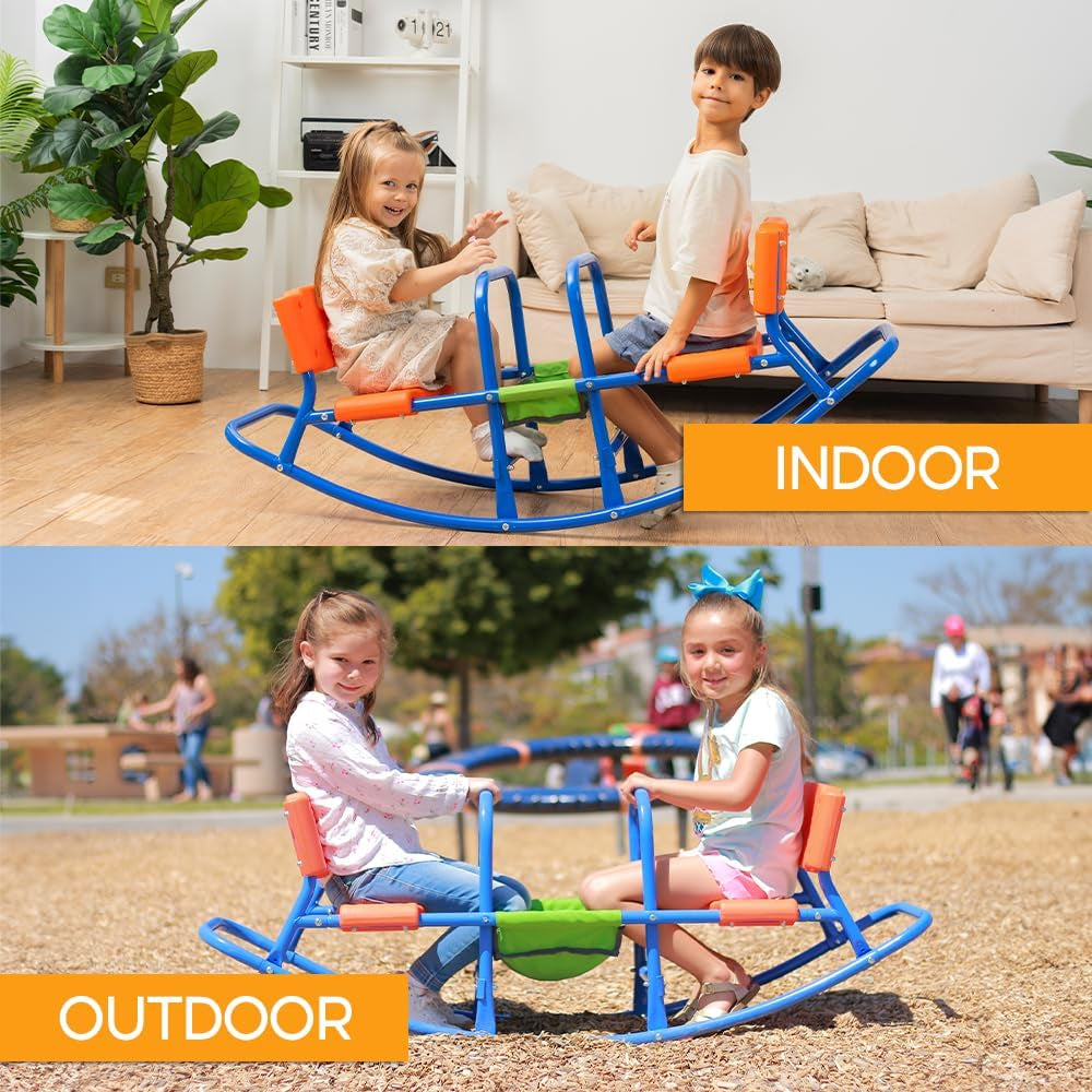 Double Rocking Seesaw – 2-Seater Teeter Totter for Kids Ages 3-5 – Outdoor Ride-On Playground Toy for Two Children – Durable Steel Rocking Chair Seesaw for Backyard Fun