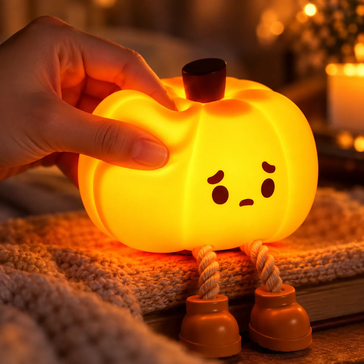 A glowing orange pumpkin-shaped night light with a sad face, resting on a book with a hand touching it. The light has rope legs and small brown feet, set against a cozy, warmly lit background.