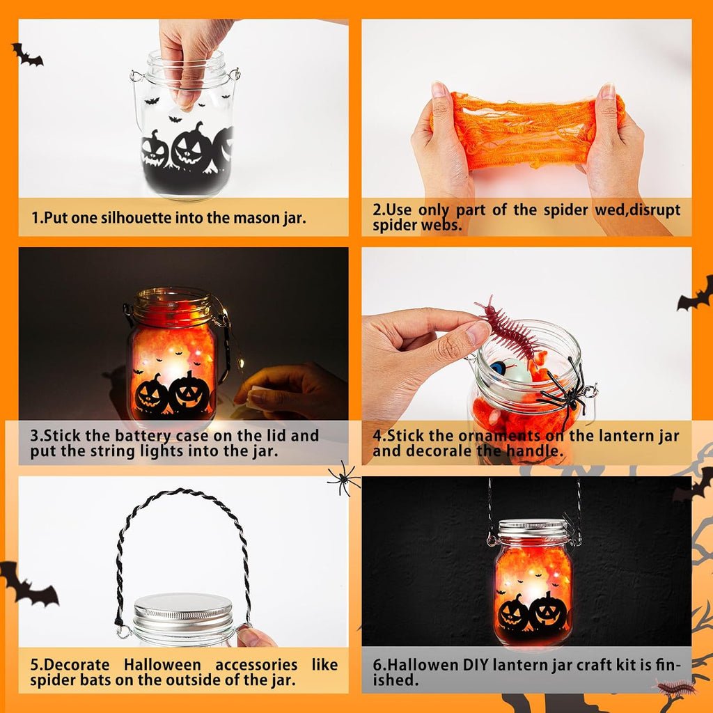 Halloween Craft Kit for Kids, 12 Pcs Glass Mason Jar with Accessories for DIY Lantern Jar, Halloween Art & Craft Party Supplies, Halloween Art Activities, Crafts and Arts Party Supplies