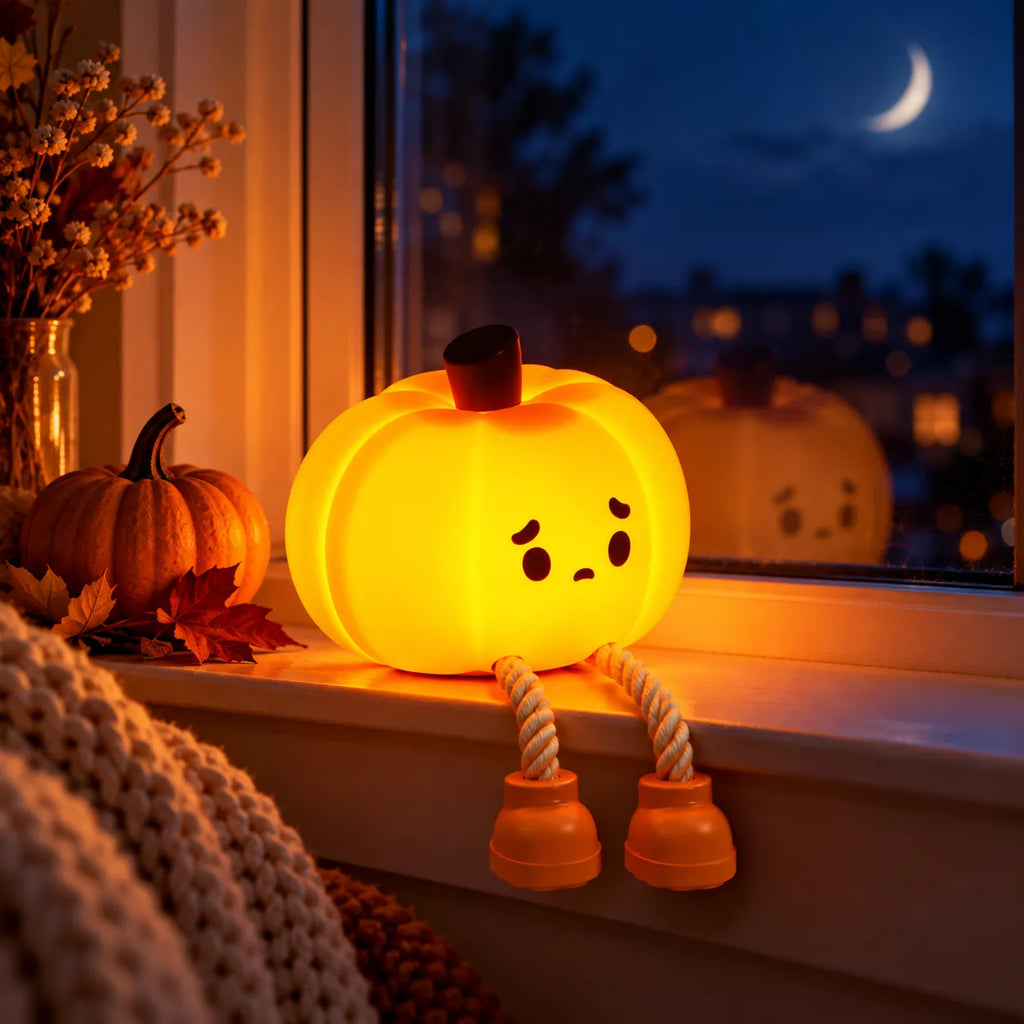 A glowing orange jack-o'-lantern window light with a sad face and rope legs sits on a windowsill at night, surrounded by seasonal decor including a small pumpkin, dried flowers, and a knitted blanket.