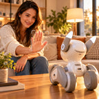 A woman sitting on a couch in a warmly lit living room waves her hand toward a small white and gray robotic dog standing on a wooden table in the foreground.