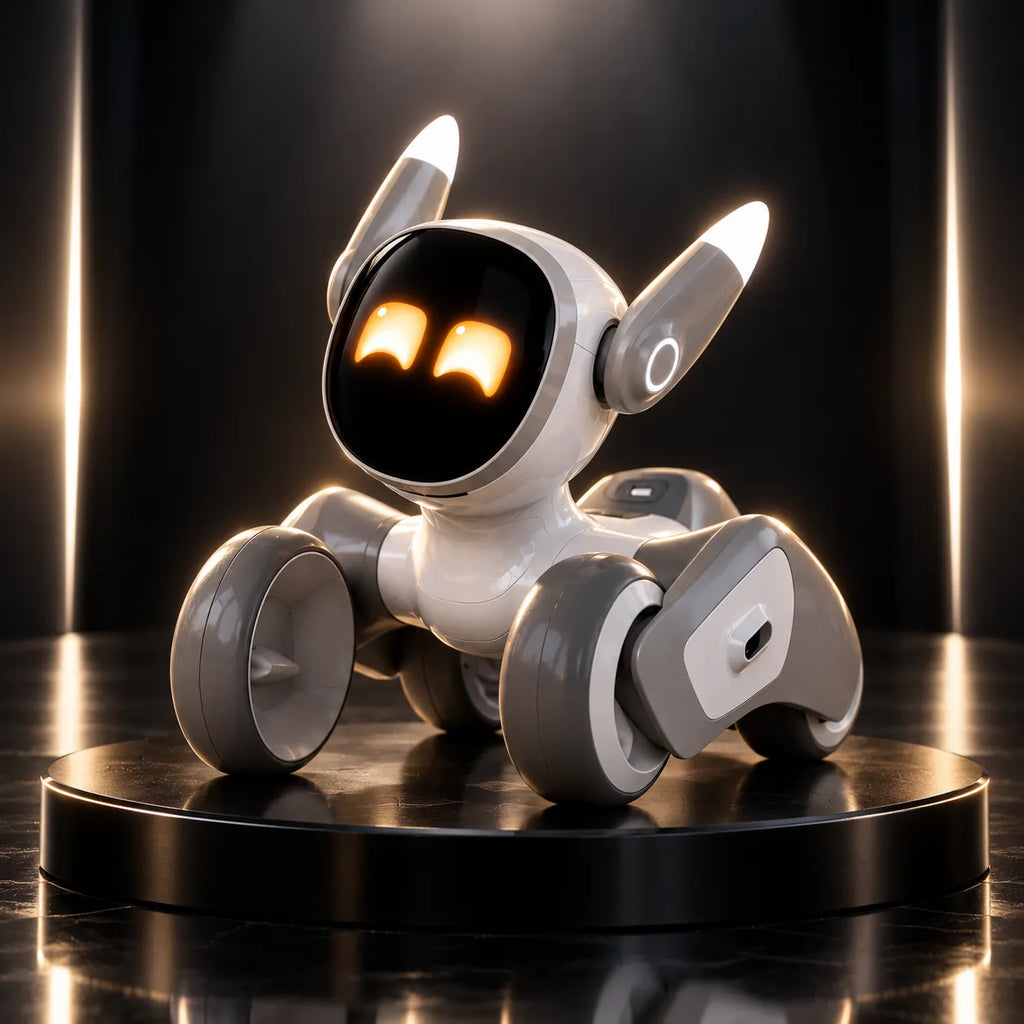 A small white and gray wheeled robot toy with glowing orange eyes, displayed on a black circular pedestal against a dark studio background with vertical light strips.