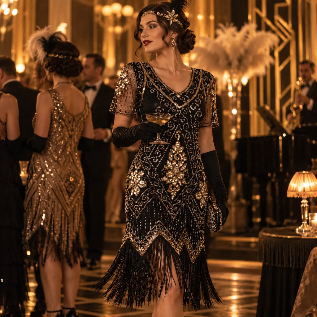 1920s Black & Gold Flapper Dress | Gatsby Party Dress