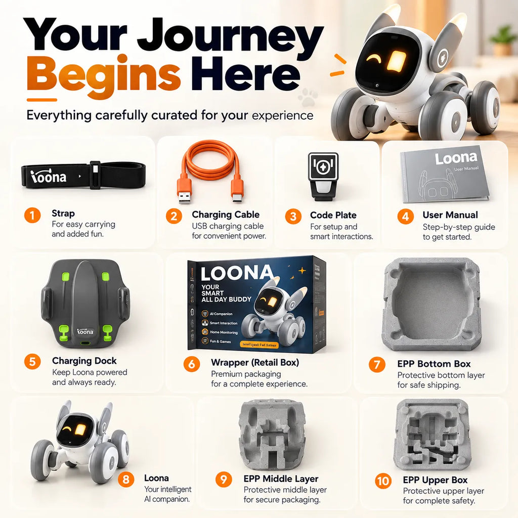 A product bundle infographic for the Loona All Day Buddy robot toy, showing 10 included accessories and packaging arranged in a grid with numbered callouts on a light gray background. The infographic includes a strap, charging cable, code plate, user manual, charging dock, robot wrapper in retail box, EPP bottom box, EPP middle layer, EPP upper layer, and the Loona robot itself.