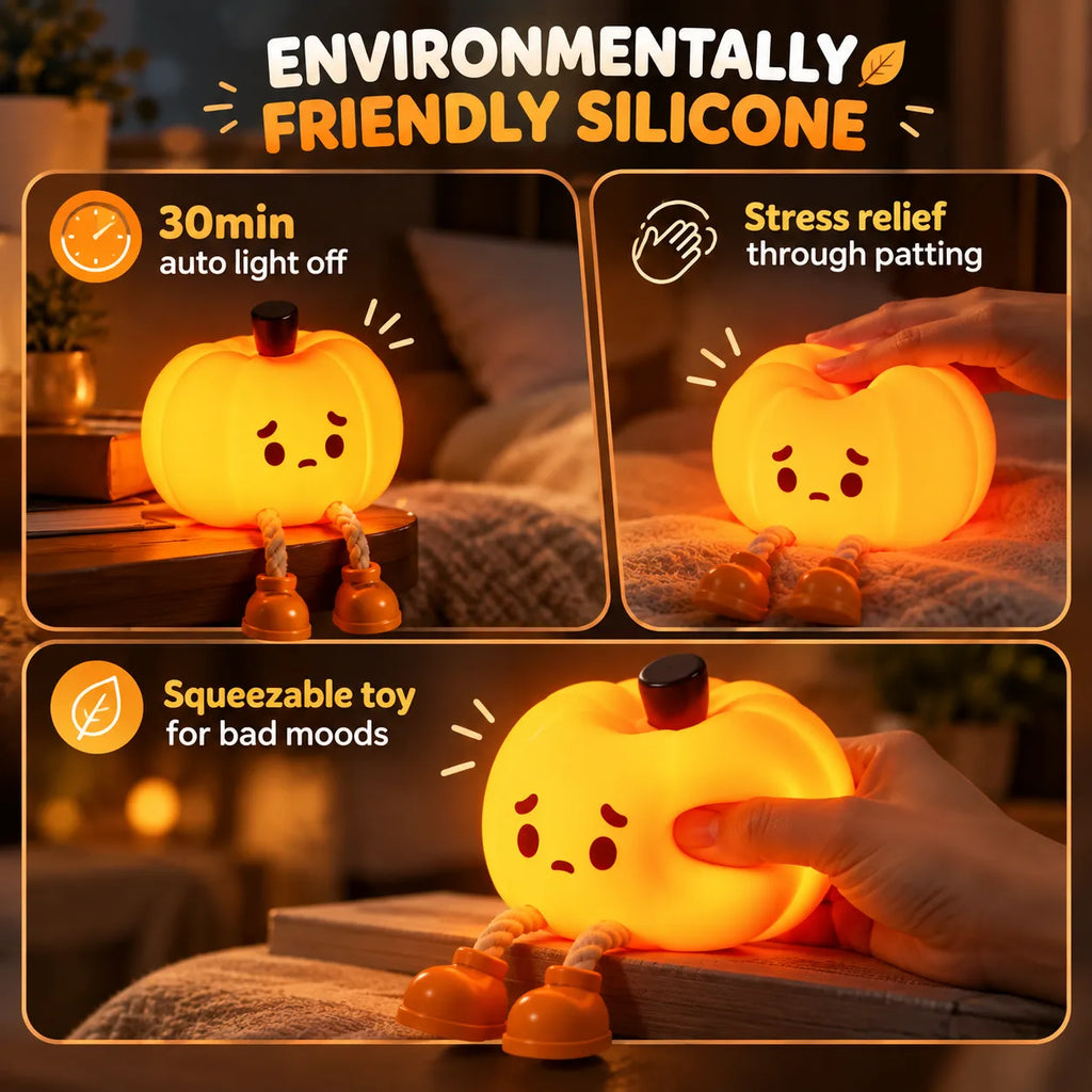 A promotional collage for a glowing pumpkin-shaped silicone toy with legs, shown in three panels with text callouts: 'Environmentally Friendly Silicone,' '30min auto light off,' 'Stress relief through patting,' and 'Squeezable toy for bad moods.' A hand is visible in two panels, and the setting appears to be a real bedroom/bed environment, so this is Lifestyle rather than Product/Packaging.