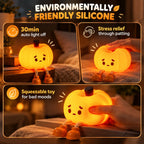 A promotional collage for a glowing pumpkin-shaped silicone toy with legs, shown in three panels with text callouts: 'Environmentally Friendly Silicone,' '30min auto light off,' 'Stress relief through patting,' and 'Squeezable toy for bad moods.' A hand is visible in two panels, and the setting appears to be a real bedroom/bed environment, so this is Lifestyle rather than Product/Packaging.