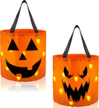 2 PCS Halloween Trick or Treat Bags 10 X 11.8 Inches LED Light Orange Pumpkin Buckets Reusable Goody Candy Bucket Trick or Treating, Halloween Birthday Party Favor Supplies