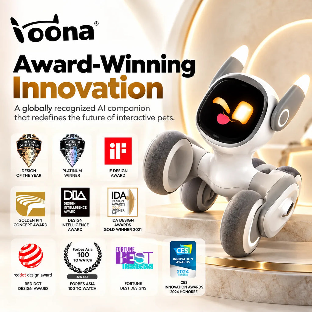 Voonaa AI pet companion robot on a warm beige background with award badges and text celebrating innovation. The robot is white with gray wheels and a black face panel showing a yellow and pink cartoon face.