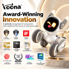 Voonaa AI pet companion robot on a warm beige background with award badges and text celebrating innovation. The robot is white with gray wheels and a black face panel showing a yellow and pink cartoon face.