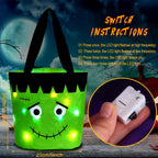 Halloween Trick or Treat Candy Bags LED Light up Pumpkin Bucket, Collapsible Reusable Candy Basket, Fabric Tote Gift Goody Bags for Kids Halloween Party (Green)