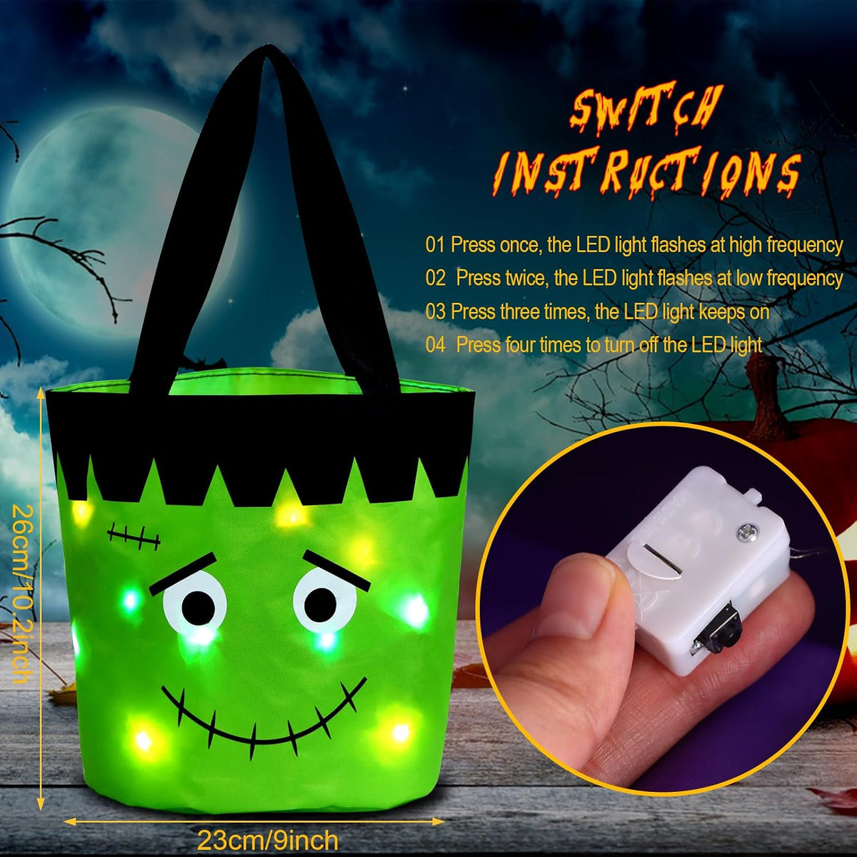 Halloween Trick or Treat Candy Bags LED Light up Pumpkin Bucket, Collapsible Reusable Candy Basket, Fabric Tote Gift Goody Bags for Kids Halloween Party (Green)