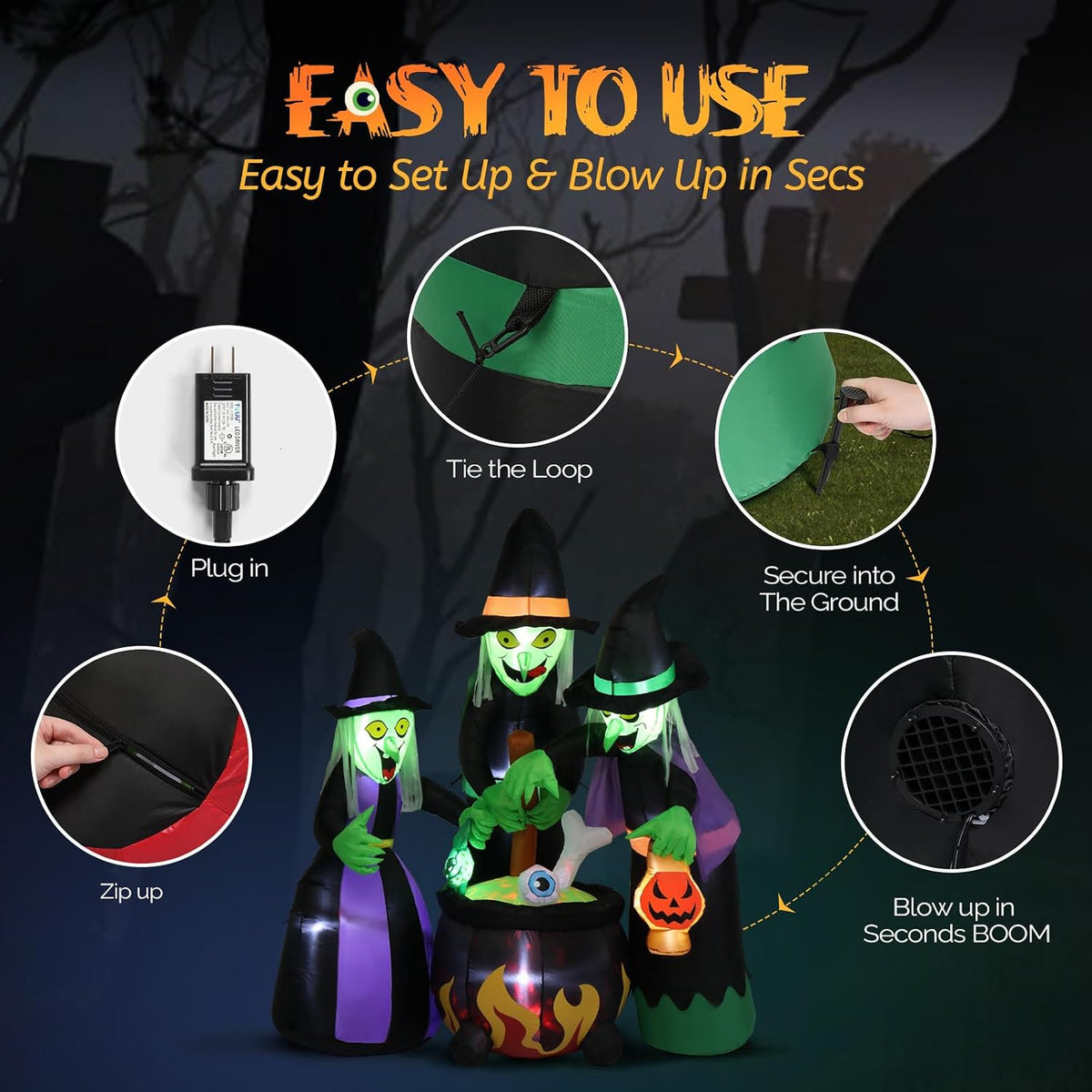 6FT High Halloween Inflatables Outdoor Decorations, Blow up Scary 3 Witches Halloween Yard Decorations, Built-In LED Lights Décor for Indoor Home Party Garden Lawn Store