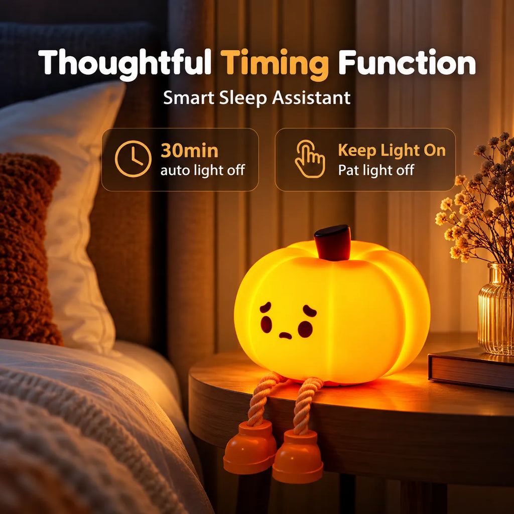 A glowing pumpkin-shaped night light with a sad face and rope legs sits on a bedside table in a bedroom setting. Text at the top reads 'Thoughtful Timing Function' and 'Smart Sleep Assistant,' with feature callouts for 30 min auto light off and keep light on pat light off.