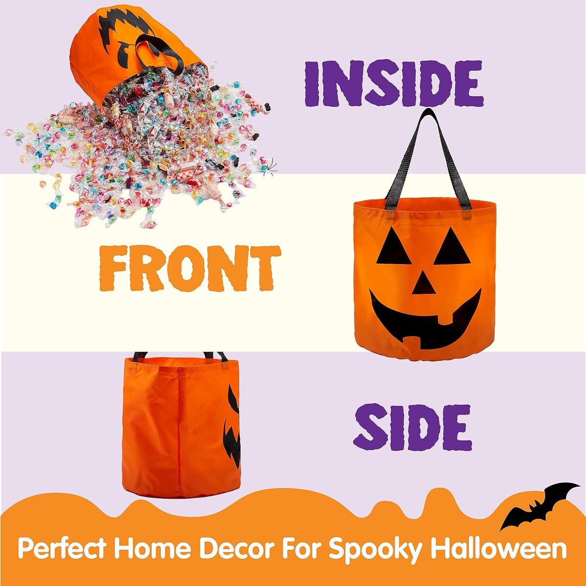 2 PCS Halloween Trick or Treat Bags 10 X 11.8 Inches LED Light Orange Pumpkin Buckets Reusable Goody Candy Bucket Trick or Treating, Halloween Birthday Party Favor Supplies