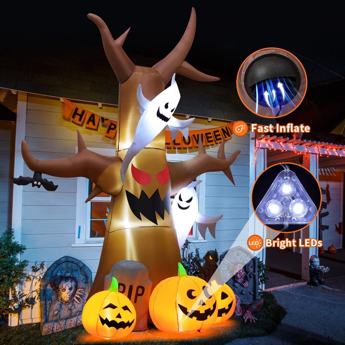 12 FT Halloween Inflatables Tree Outdoor Decorations Blow up Yard Scary Dead Tree with Pumpkin Ghost Tombstone with Built-In Leds for Garden Lawn Indoor Party Decor