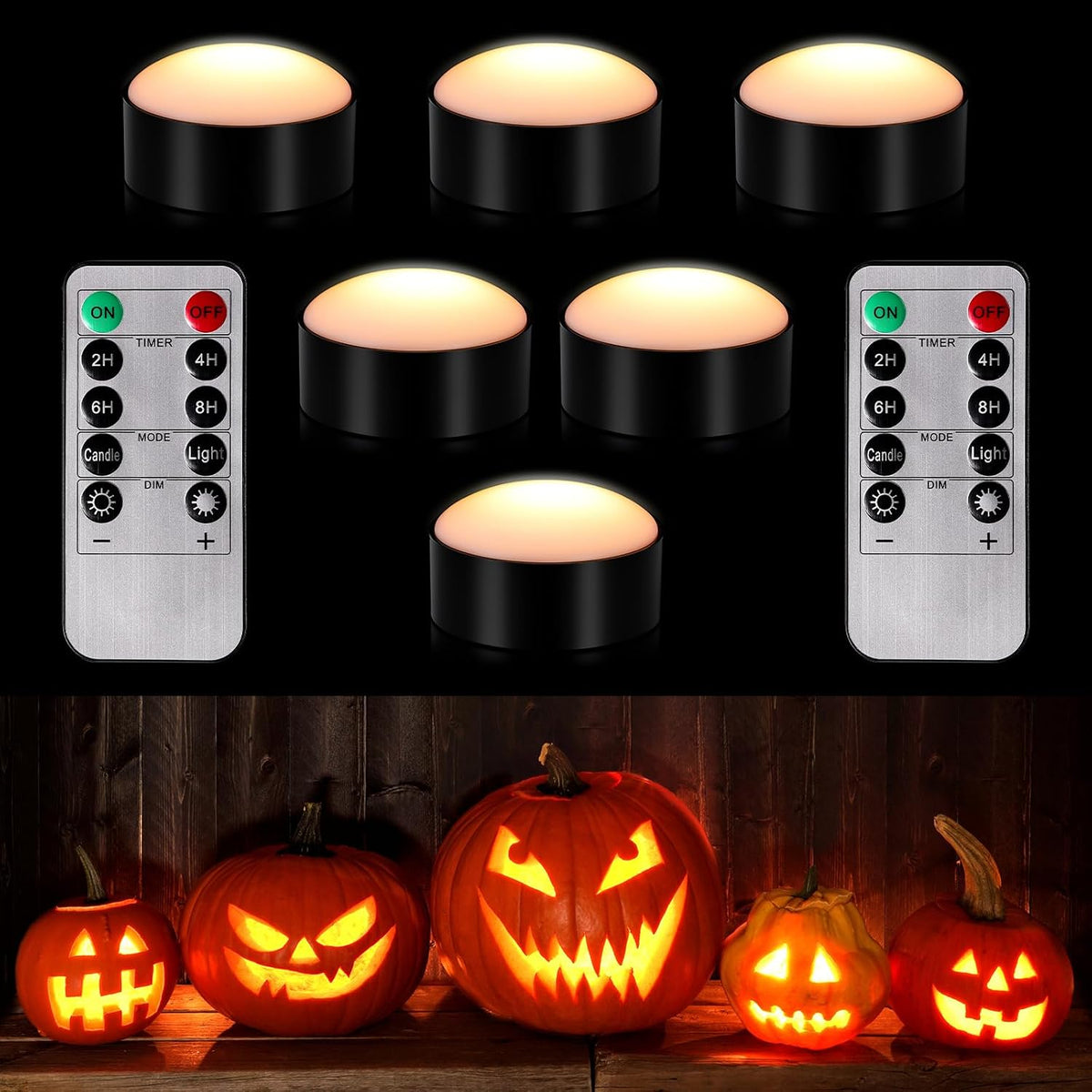 6 Pack Halloween Pumpkin LED Lights, Black,Warm Light
