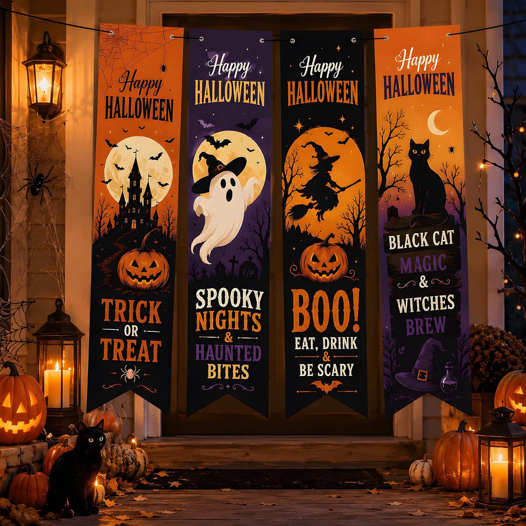 Halloween Decorations - 4 PCS Vertical Happy Halloween Hanging Banners
