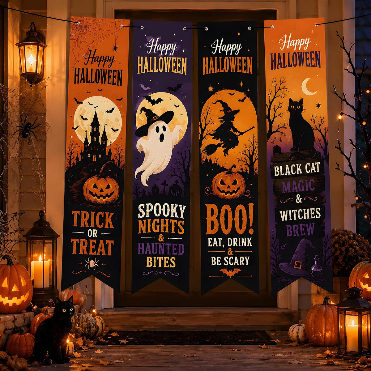 Halloween Decorations - 4 PCS Vertical Happy Halloween Hanging Banners
