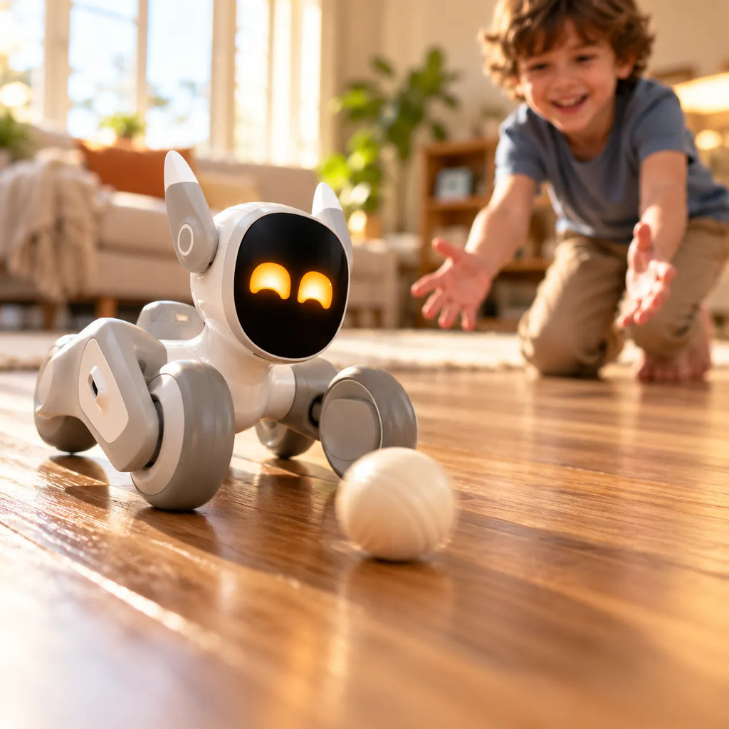 A small white and gray robot toy with glowing orange eyes pushes a white marble on a wooden floor, with a smiling child kneeling in the background in a bright living room.