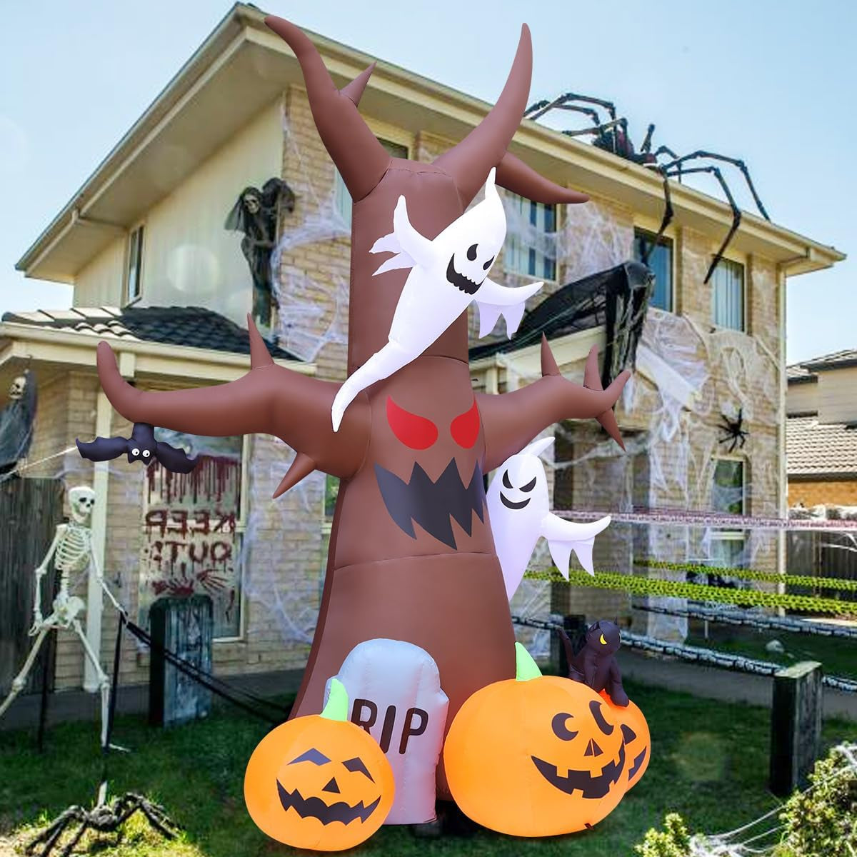 12 FT Halloween Inflatables Tree Outdoor Decorations Blow up Yard Scary Dead Tree with Pumpkin Ghost Tombstone with Built-In Leds for Garden Lawn Indoor Party Decor