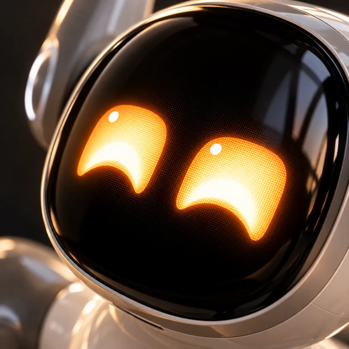 Close-up of a futuristic robot head with a glossy black faceplate and glowing orange curved eyes, set against a dark background.