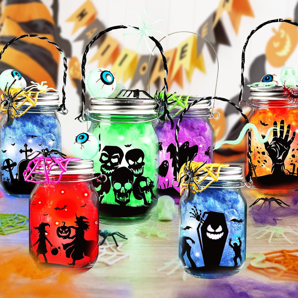 Halloween Craft Kit for Kids, 12 Pcs Glass Mason Jar with Accessories for DIY Lantern Jar, Halloween Art & Craft Party Supplies, Halloween Art Activities, Crafts and Arts Party Supplies