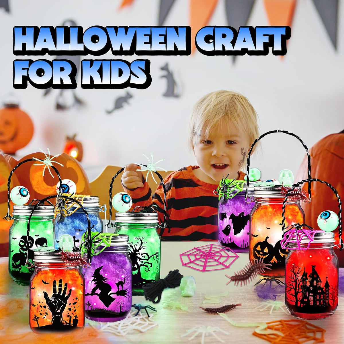 Halloween Craft Kit for Kids, 12 Pcs Glass Mason Jar with Accessories for DIY Lantern Jar, Halloween Art & Craft Party Supplies, Halloween Art Activities, Crafts and Arts Party Supplies