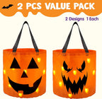 2 PCS Halloween Trick or Treat Bags 10 X 11.8 Inches LED Light Orange Pumpkin Buckets Reusable Goody Candy Bucket Trick or Treating, Halloween Birthday Party Favor Supplies