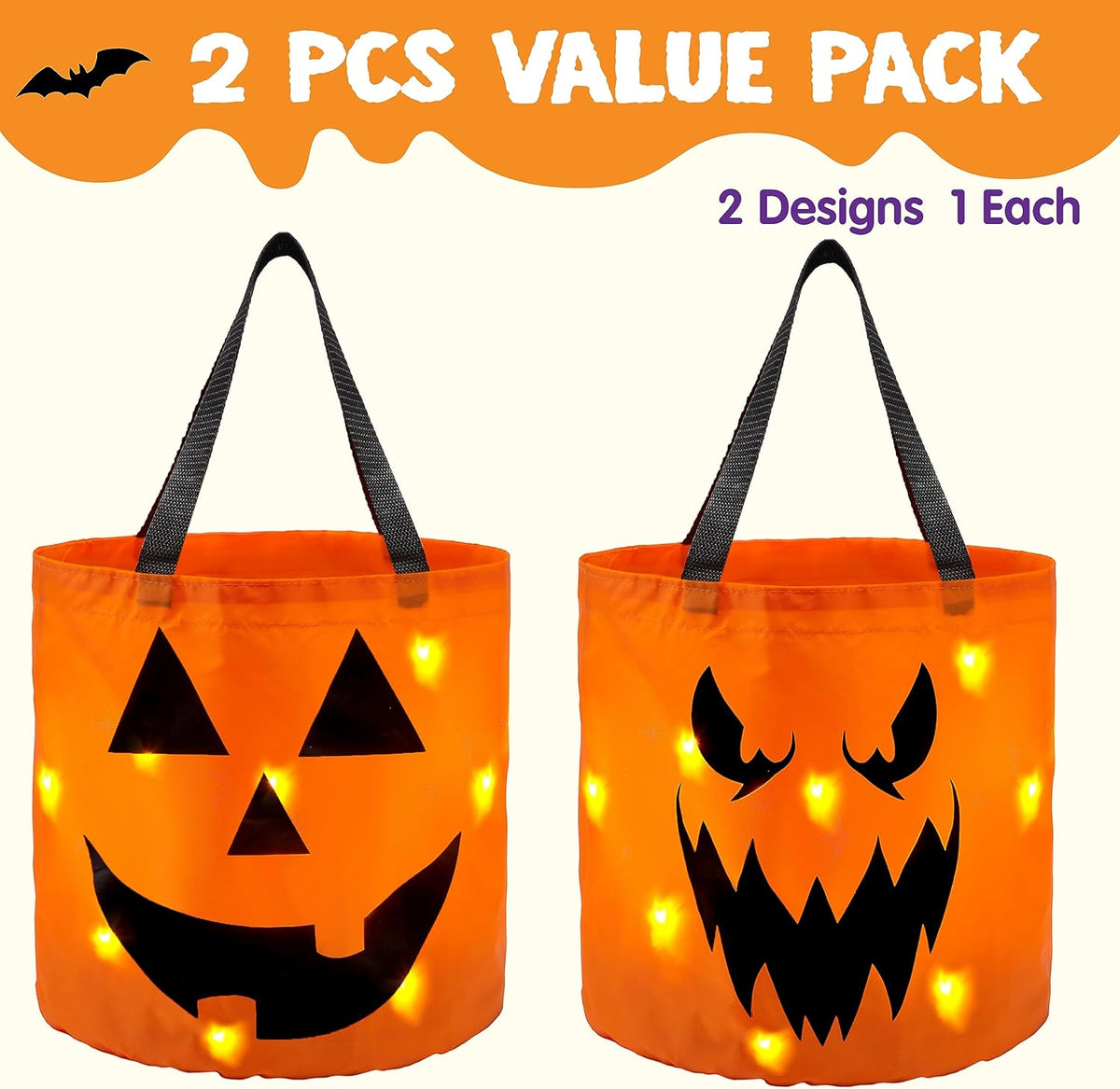 2 PCS Halloween Trick or Treat Bags 10 X 11.8 Inches LED Light Orange Pumpkin Buckets Reusable Goody Candy Bucket Trick or Treating, Halloween Birthday Party Favor Supplies