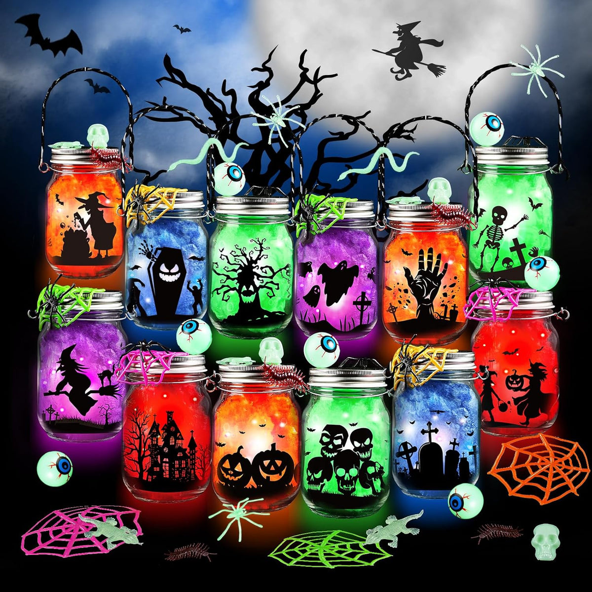 Halloween Craft Kit for Kids, 12 Pcs Glass Mason Jar with Accessories for DIY Lantern Jar, Halloween Art & Craft Party Supplies, Halloween Art Activities, Crafts and Arts Party Supplies