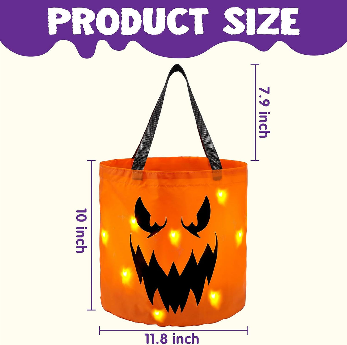 2 PCS Halloween Trick or Treat Bags 10 X 11.8 Inches LED Light Orange Pumpkin Buckets Reusable Goody Candy Bucket Trick or Treating, Halloween Birthday Party Favor Supplies