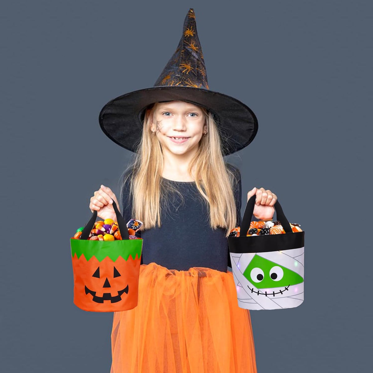 Halloween Trick or Treat Candy Bags LED Light up Pumpkin Bucket, Collapsible Reusable Candy Basket, Fabric Tote Gift Goody Bags for Kids Halloween Party (Green)