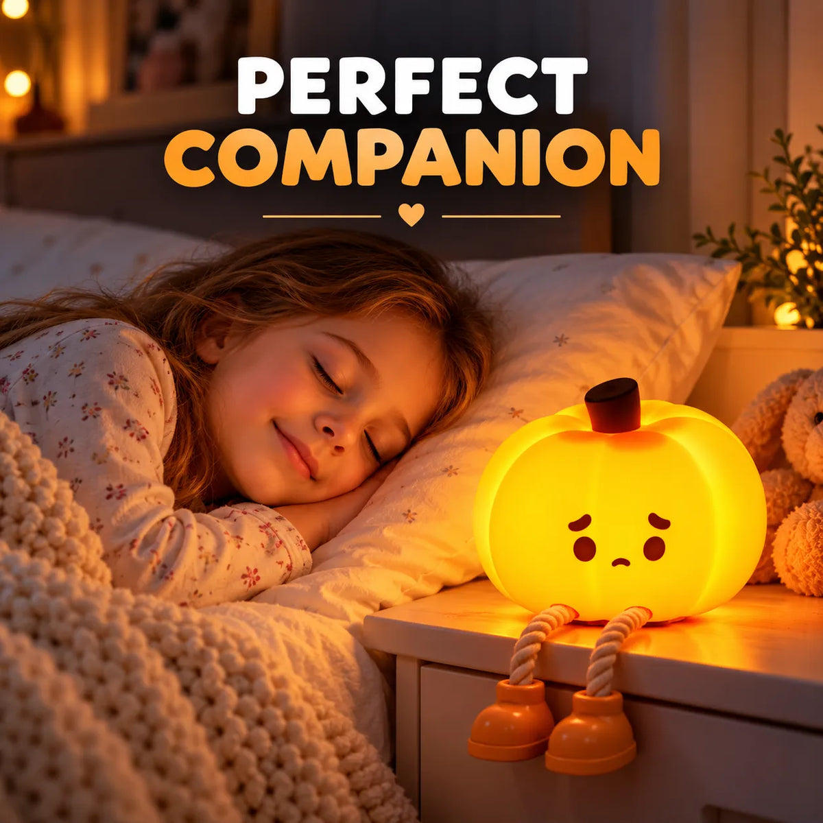 A child sleeping peacefully in bed next to a glowing yellow pumpkin-shaped night light with rope legs and a sad face. Large text at the top reads 'PERFECT COMPANION'.