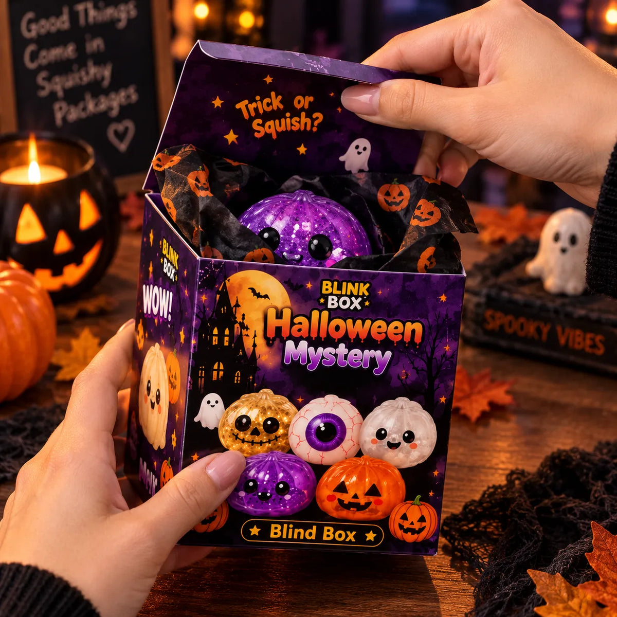Glitter Glow Dumpling Squishy Blind Box with 5 Halloween Designs