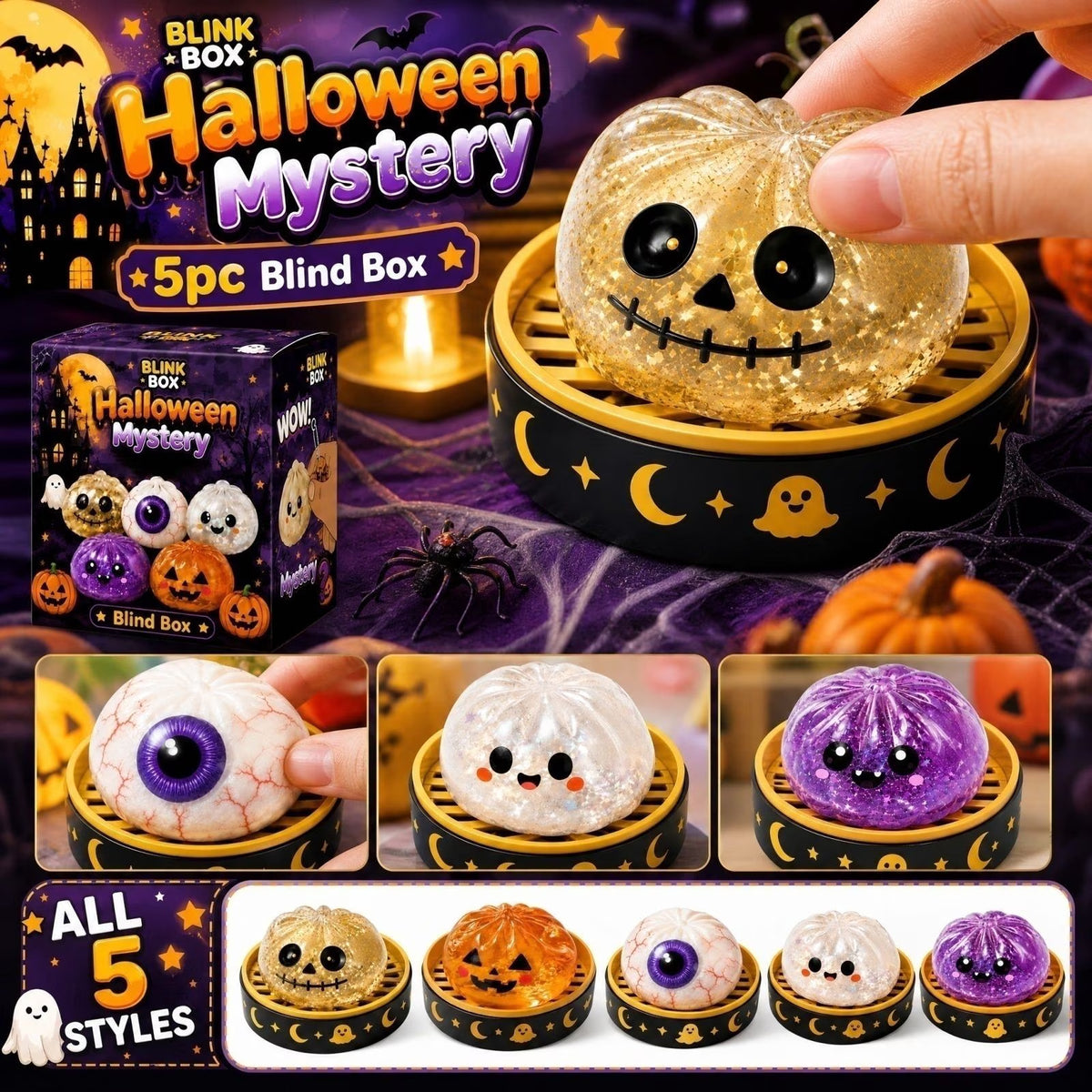 Summerween Halloween Ghost Dumpling Squishy,Glowing Dumpling Mystery Box Squishy Toys Cottagecore Fall Small Surprise Gift,Silent Desktop Stress Relief Ornament Office Desk Seasonal Calming Decor