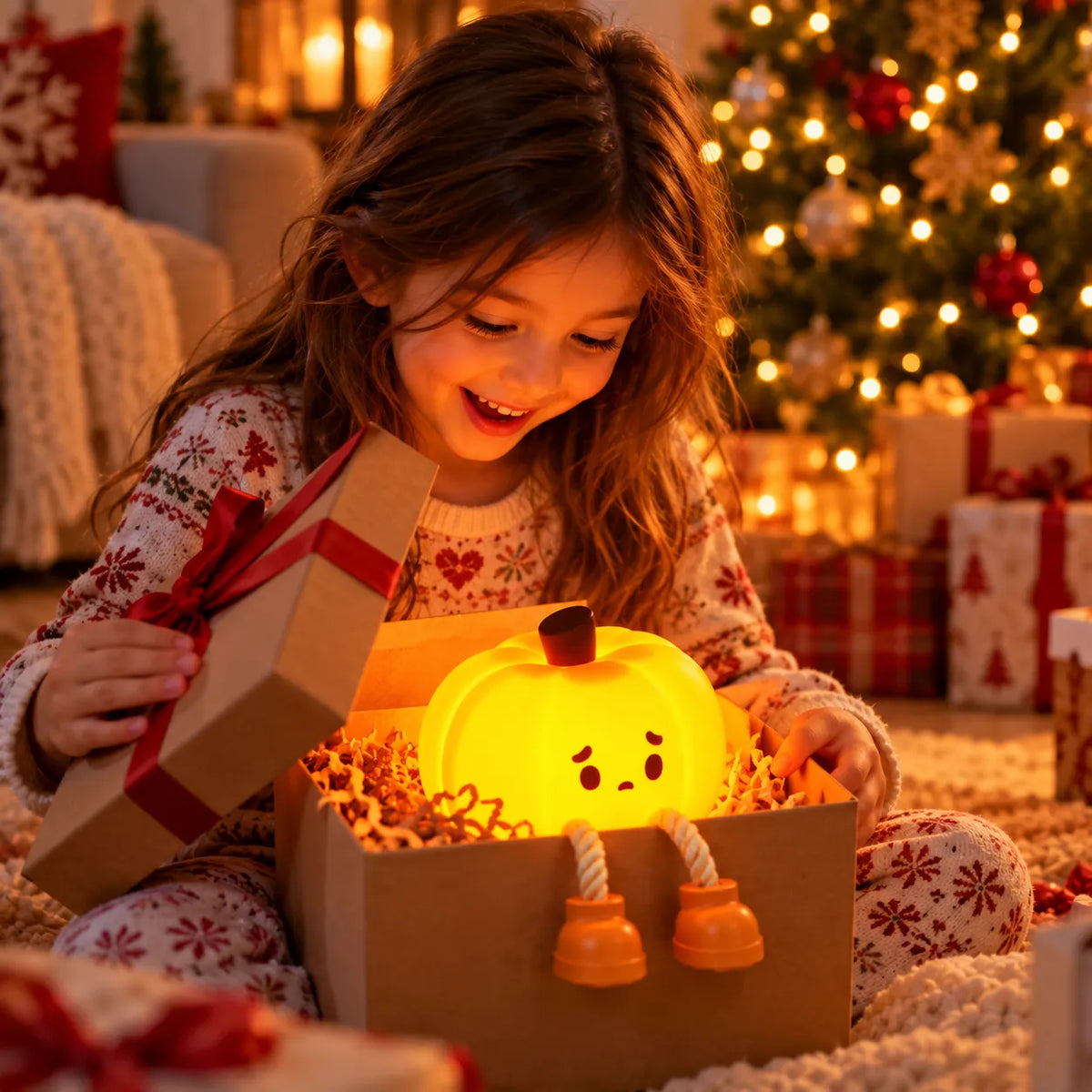 A young girl in festive pajamas sits on the floor excitedly opening a gift box with a glowing jack-o'-lantern toy inside, with a decorated Christmas tree and wrapped presents in the background.