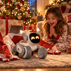 A child in holiday pajamas sits on the floor beside a small white and gray wheeled robot toy with glowing eyes, surrounded by Christmas presents and wrapping paper in a warmly lit living room.