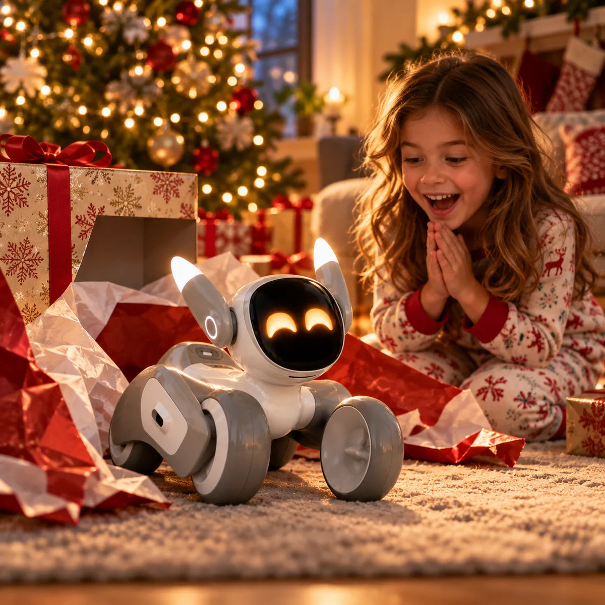 A child in holiday pajamas sits on the floor beside a small white and gray wheeled robot toy with glowing eyes, surrounded by Christmas presents and wrapping paper in a warmly lit living room.