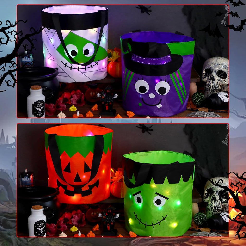 Halloween Trick or Treat Candy Bags LED Light up Pumpkin Bucket, Collapsible Reusable Candy Basket, Fabric Tote Gift Goody Bags for Kids Halloween Party (Green)