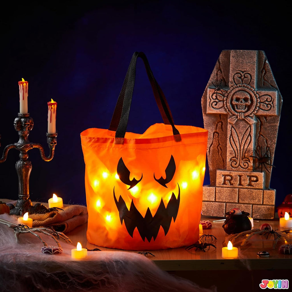 2 PCS Halloween Trick or Treat Bags 10 X 11.8 Inches LED Light Orange Pumpkin Buckets Reusable Goody Candy Bucket Trick or Treating, Halloween Birthday Party Favor Supplies