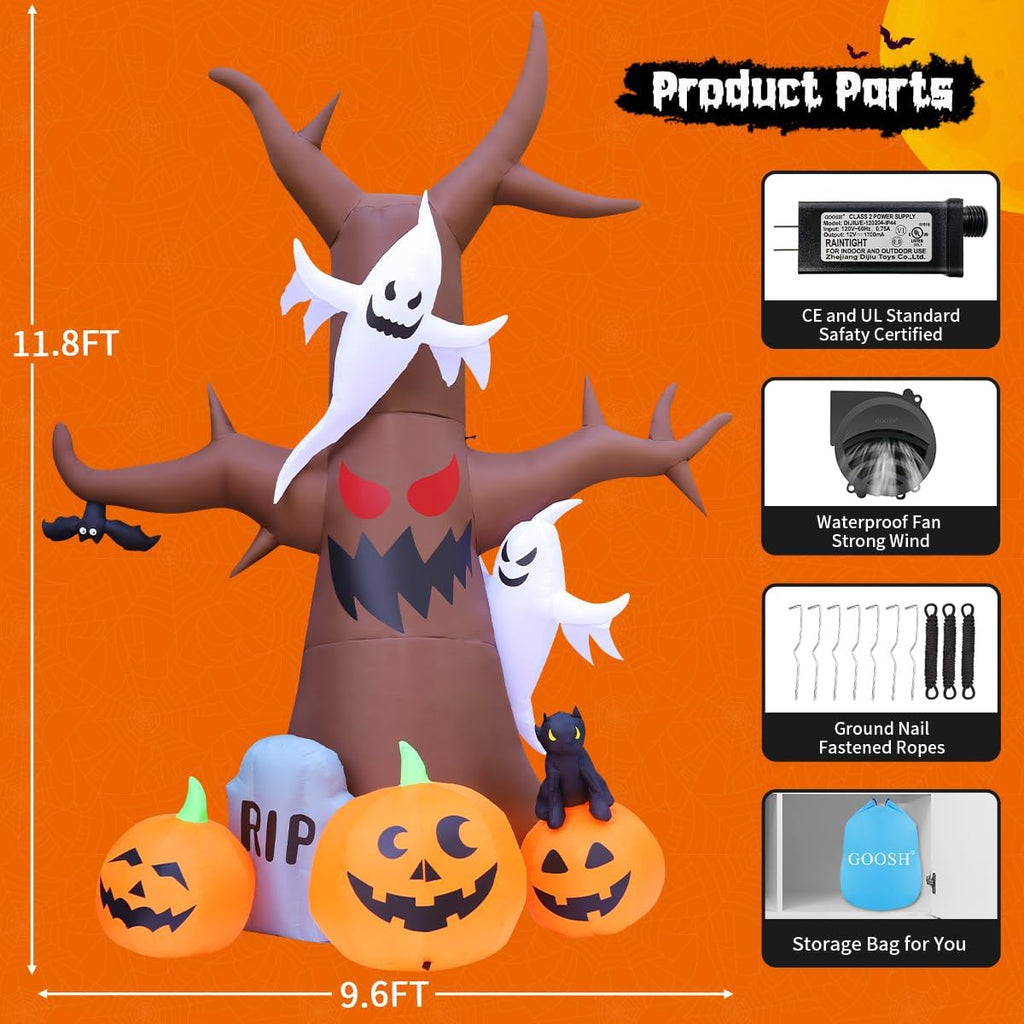 12 FT Halloween Inflatables Tree Outdoor Decorations Blow up Yard Scary Dead Tree with Pumpkin Ghost Tombstone with Built-In Leds for Garden Lawn Indoor Party Decor