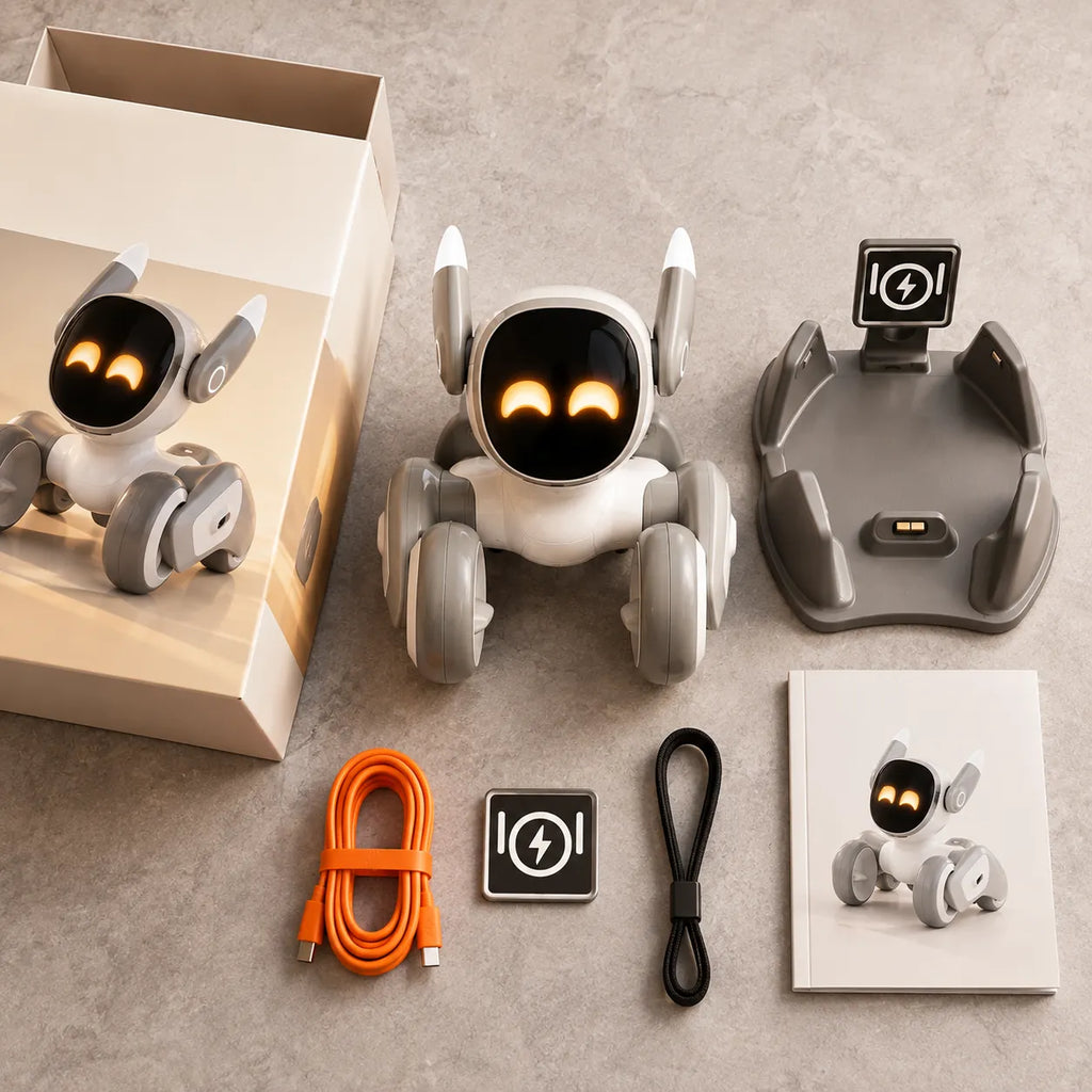 A smart robot toy set arranged on a light gray surface, including a white and gray robot with glowing orange eyes, a charging dock, an orange cable, a black cable, a small square accessory, a booklet, and part of its box.