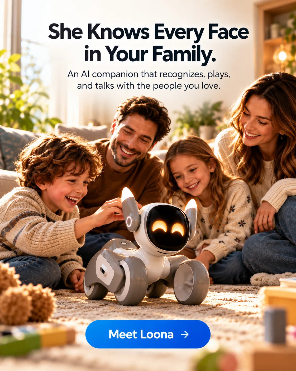 A family of four sits on a carpeted floor in a cozy living room, smiling around a small white and gray robot companion with glowing eyes. Large text at the top reads, 'She Knows Every Face in Your Family.