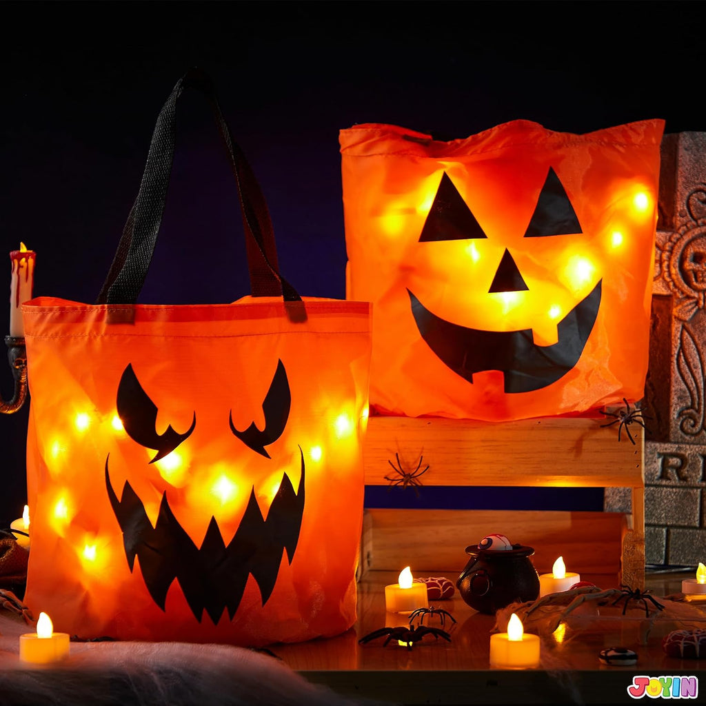 2 PCS Halloween Trick or Treat Bags 10 X 11.8 Inches LED Light Orange Pumpkin Buckets Reusable Goody Candy Bucket Trick or Treating, Halloween Birthday Party Favor Supplies