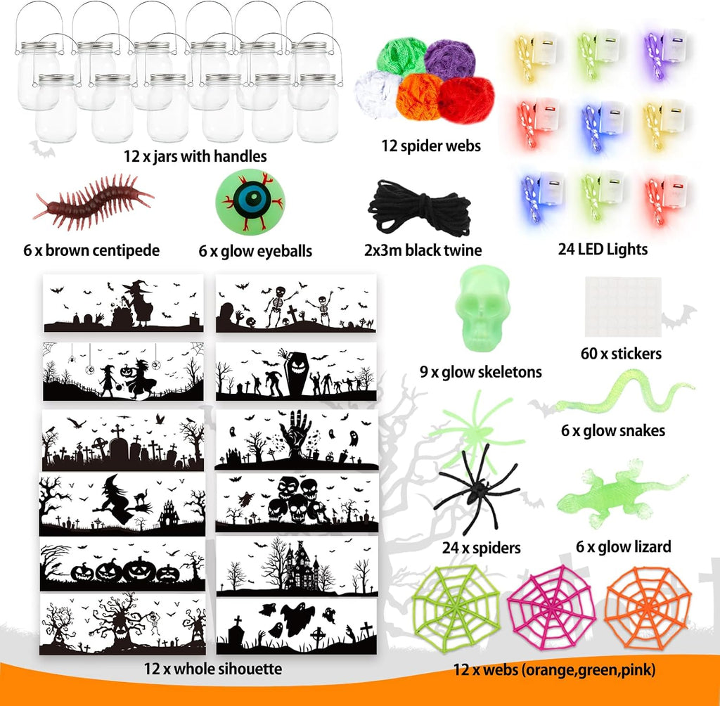 Halloween Craft Kit for Kids, 12 Pcs Glass Mason Jar with Accessories for DIY Lantern Jar, Halloween Art & Craft Party Supplies, Halloween Art Activities, Crafts and Arts Party Supplies