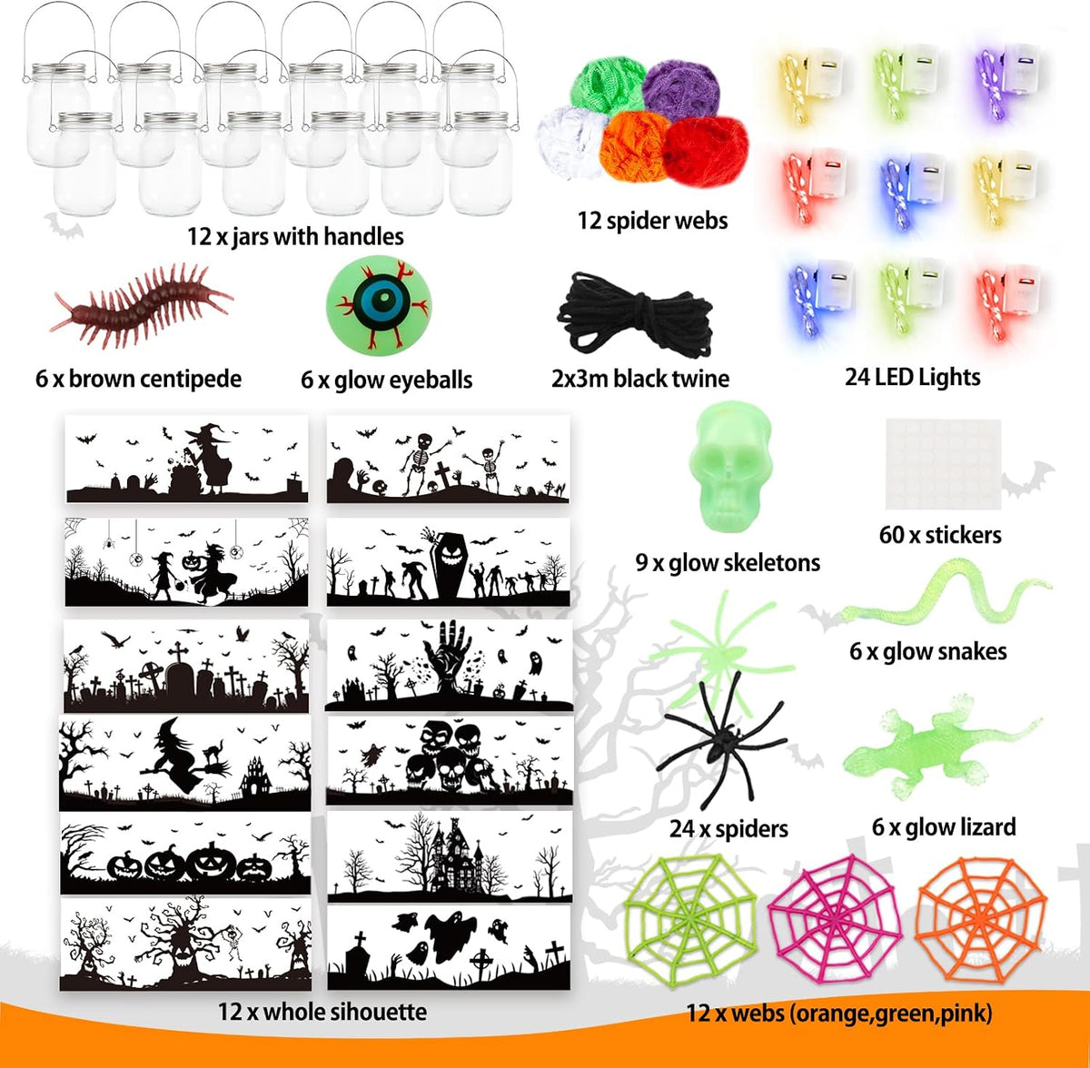 Halloween Craft Kit for Kids, 12 Pcs Glass Mason Jar with Accessories for DIY Lantern Jar, Halloween Art & Craft Party Supplies, Halloween Art Activities, Crafts and Arts Party Supplies
