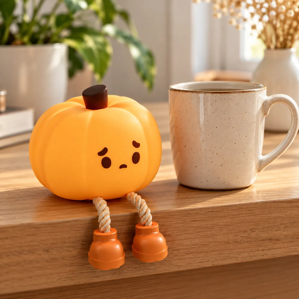 A small orange pumpkin-shaped novelty lamp or figurine with a sad face, rope legs, and orange bell-shaped feet, placed on a wooden table beside a speckled cream mug in a softly lit indoor setting.